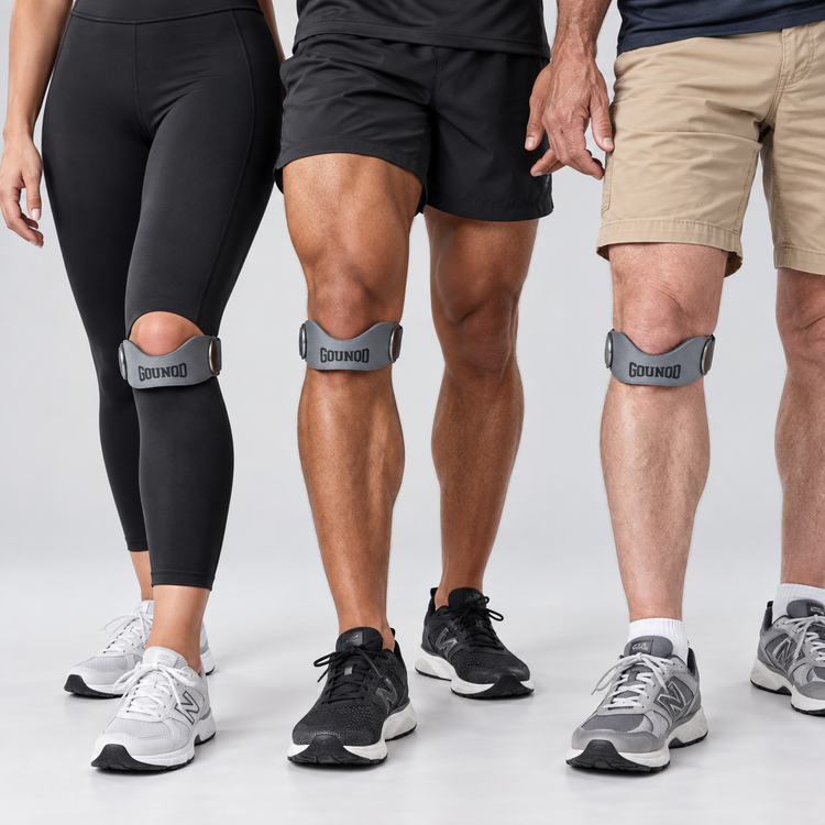 Three active adults wearing GOUNOD patellar knee support straps below the kneecap